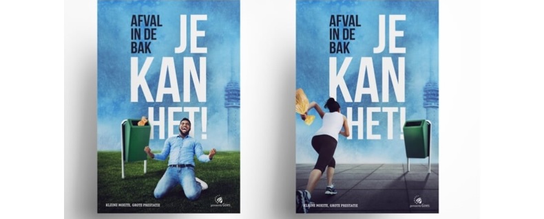 Twee posters met de tekst 'Afval in de bak - je kan het!'