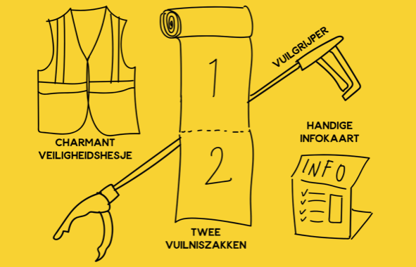 Tekening van veiligheidshesje, vuilniszakken, vuilgrijper en infokaart.