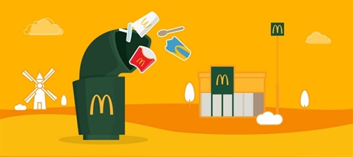 Op de tekening vliegt het afval van McDonalds-verpakkingen in de afvalbak