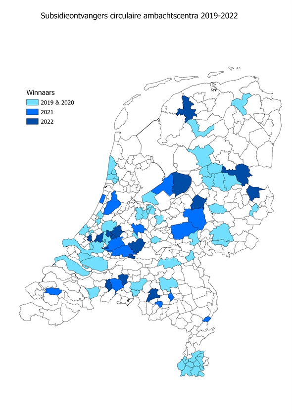 Subsidieontvangers circulaire ambachtscentra in 2019 tot en met 2022 op de kaart van Nederland