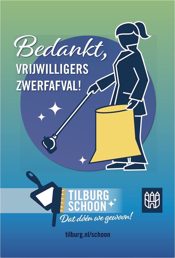 Campagnepost met de tekst: Bedankt, vrijwilligers zwerfafval. Tilburg schoon, dat doen we gewoon. Tilburg.nl/schoon